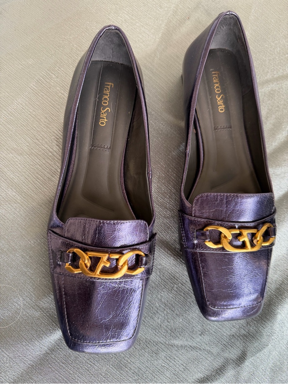 Franco Sarto Metallic Purple Loafers with Gold Chain